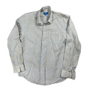 Toscano Mens Size L Blue Tan Striped 100% Linen Button Up Shirt